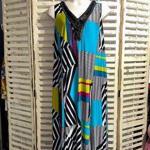 New Directions Multi-Color Maxi Dress Plus Size 2X~Geometric~Beaded~Worn Once.